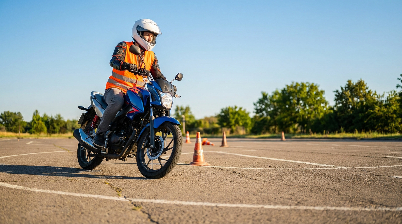 Motard en formation sur un plateau d'apprentissage, avec une moto 125cc bleue et des cônes orange sous un ciel clair.
