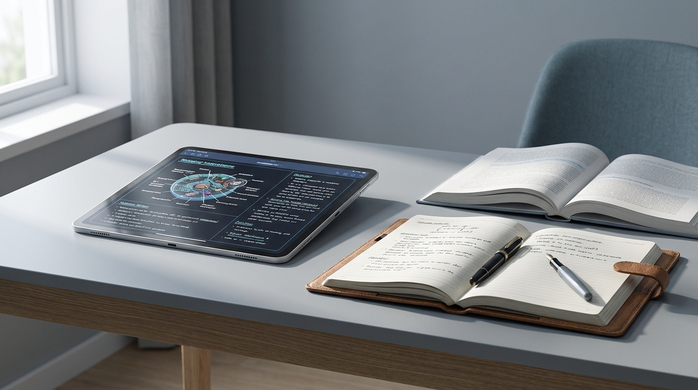 Sur un bureau, une tablette affichant des schémas, un livre ouvert et un carnet de notes manuscrites avec des stylos. Ambiance studieuse.