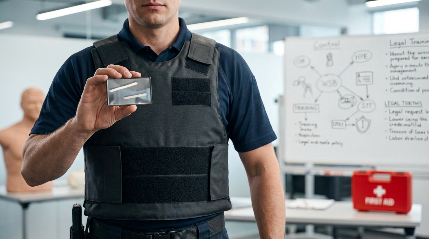 Agent de sécurité en gilet tactique montrant une carte d'identité dans une salle de formation avec tableau blanc et trousse de premiers secours.