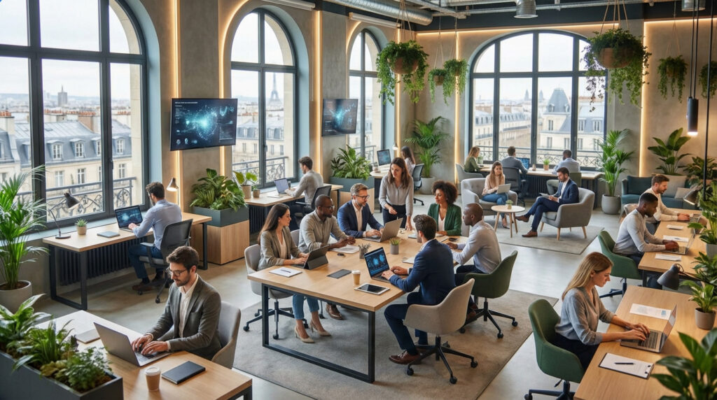 Personnes travaillant et collaborant dans un espace de coworking lumineux et moderne à Paris, avec vue sur les toits et la Tour Eiffel.