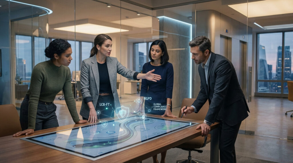 Quatre professionnels autour d'une table interactive affichant des données de conformité (RGPD, LCB-FT) dans un bureau moderne.