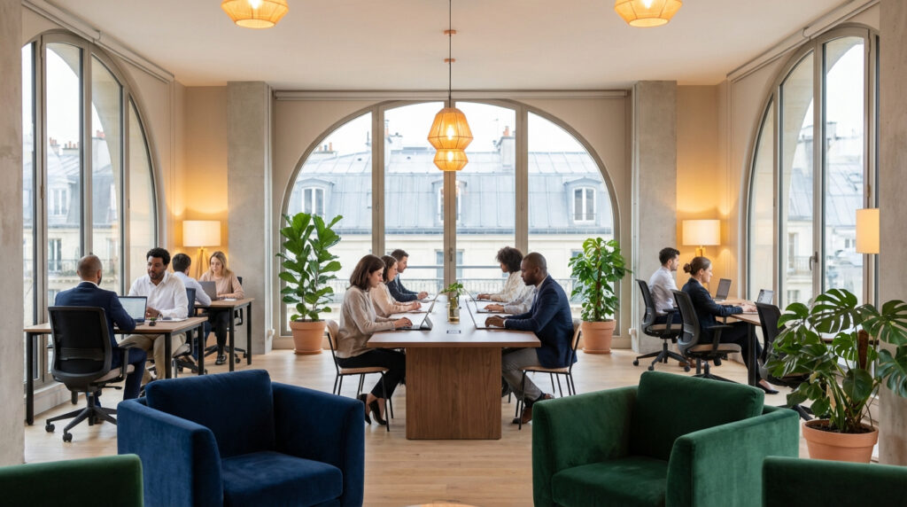 Des professionnels travaillent dans un espace de coworking WeWork moderne et lumineux, avec de grandes fenêtres et des plantes vertes.
