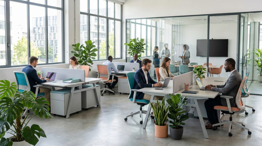 Espace de coworking moderne à Nantes : professionnels travaillant sur ordinateurs, plantes vertes et salle de réunion.