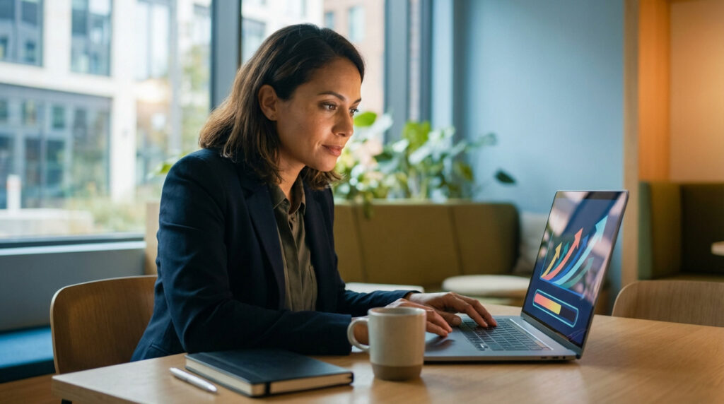 Femme concentrée travaillant sur un ordinateur portable, affichant des graphiques de croissance, dans un bureau moderne.