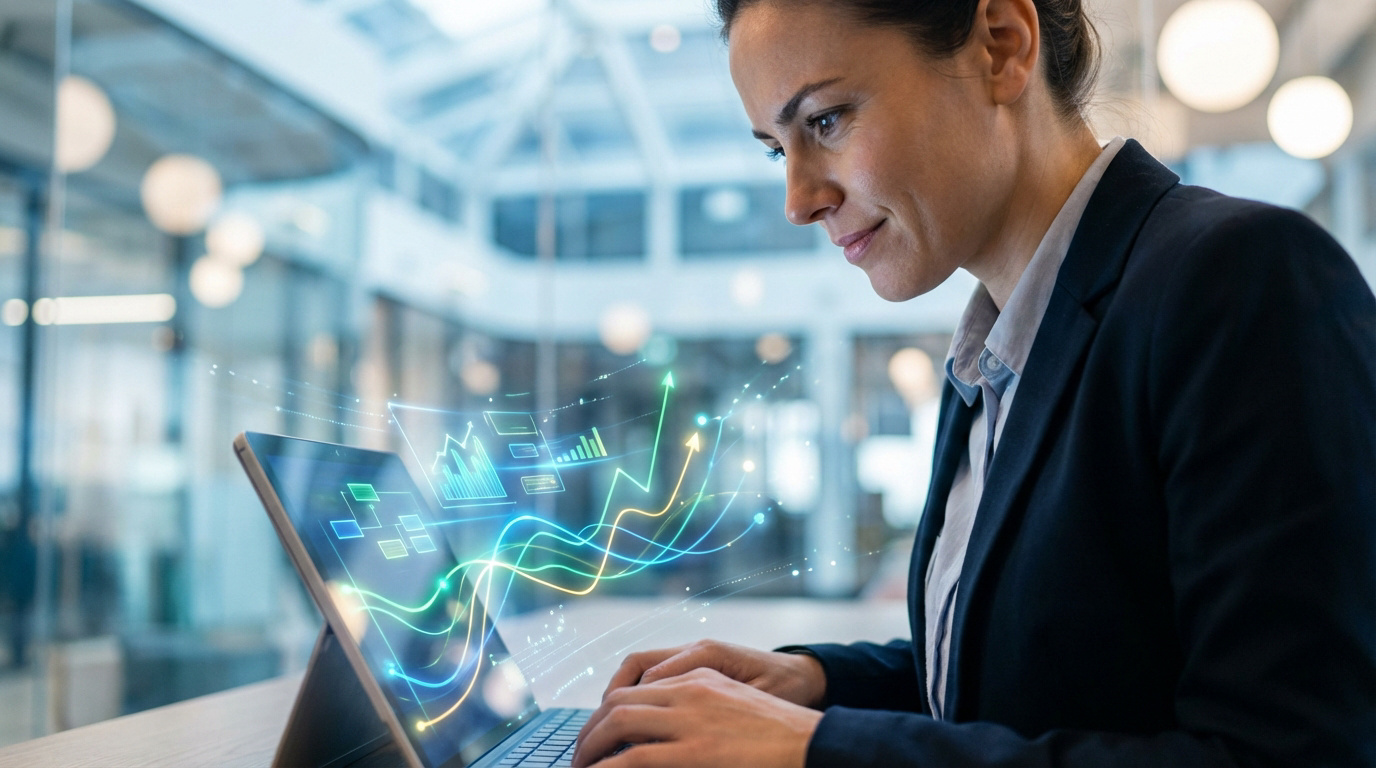Femme concentrée sur un laptop affichant des graphiques financiers lumineux et des flèches de croissance, en milieu pro.