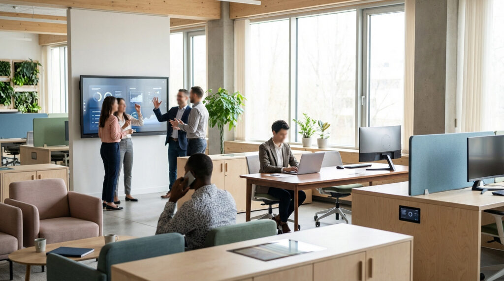 Un espace de coworking moderne et lumineux où des équipes collaborent et des individus travaillent sur des ordinateurs.