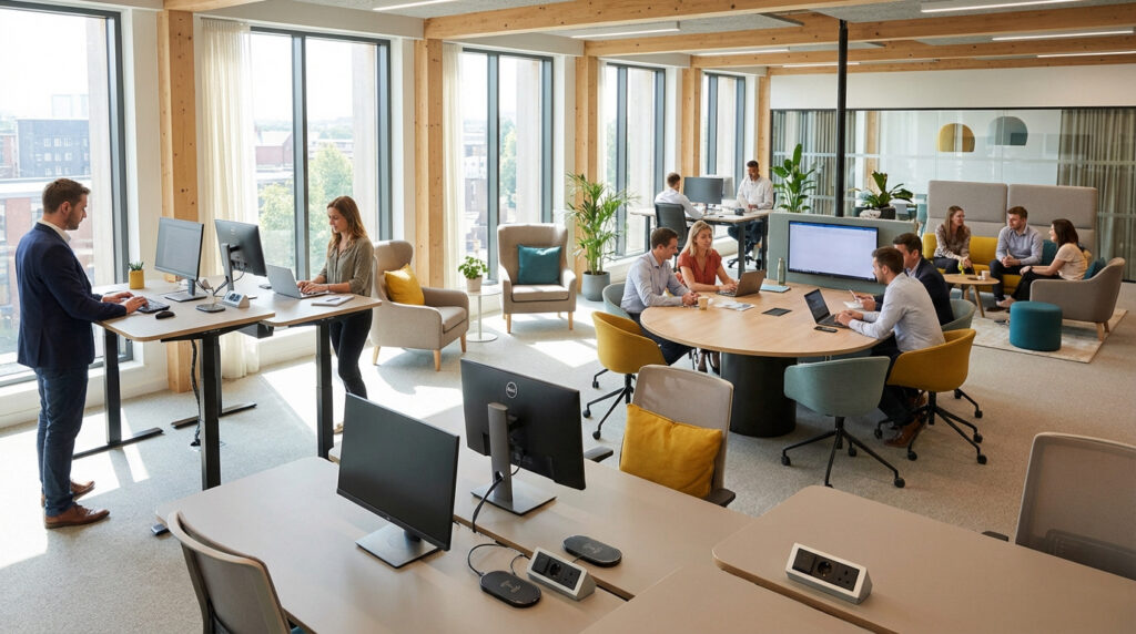 Un grand espace de coworking moderne et lumineux avec plusieurs personnes travaillant sur des bureaux, autour d'une table et en zone détente. Grande luminosité naturelle.
