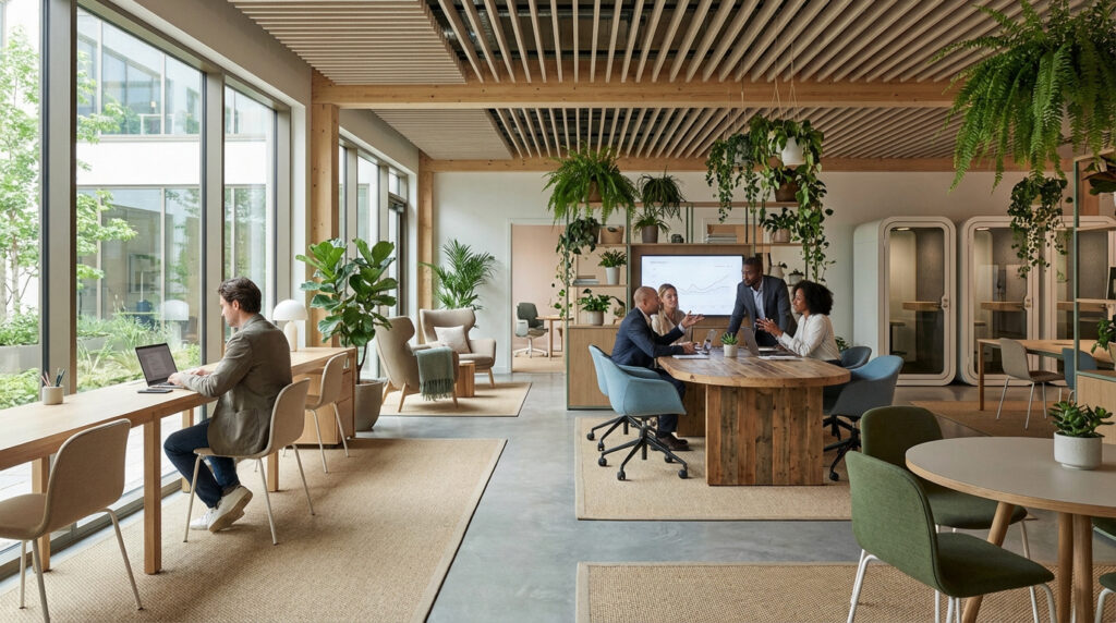 Vue d'un espace de coworking moderne et lumineux. Un homme travaille seul, un groupe collabore, avec des cabines privées et de nombreuses plantes.