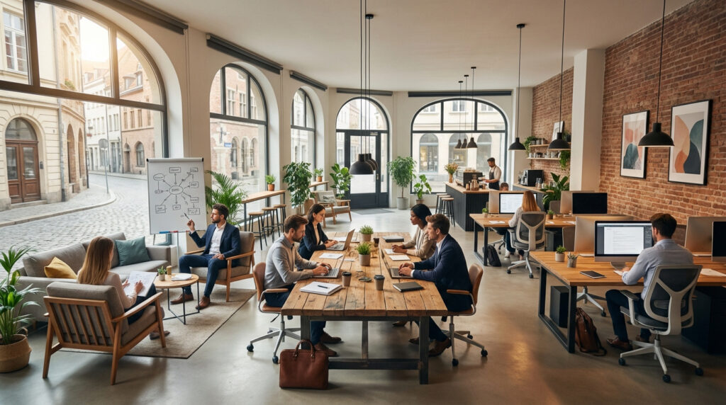 Intérieur d'un espace de coworking moderne et lumineux. Plusieurs personnes travaillent, collaborent et discutent dans un cadre agréable.