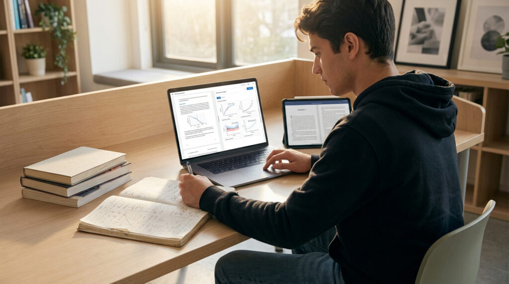 Jeune homme étudiant à son bureau avec ordinateur portable, tablette, livres et cahier. Il prend des notes.