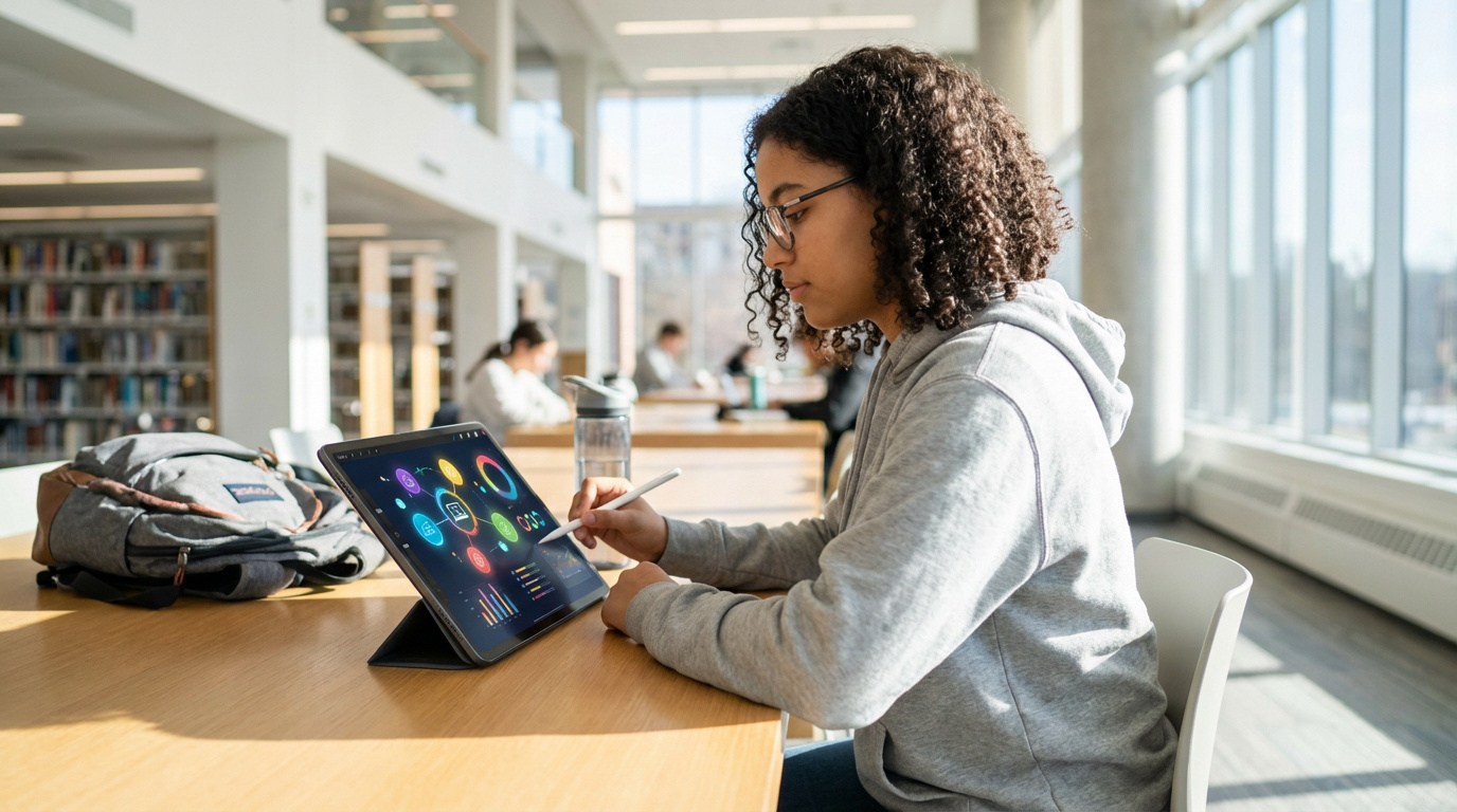 Jeune femme aux cheveux bouclés et lunettes utilisant une tablette avec un stylet dans une bibliothèque lumineuse.