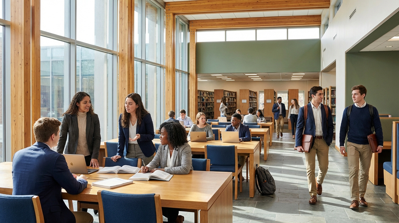 Un groupe diversifié d'étudiants collabore et étudie dans une bibliothèque universitaire moderne et lumineuse, avec ordinateurs portables.