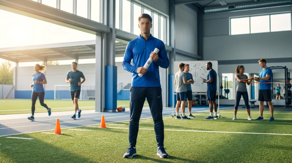 Un coach sportif en tenue de sport tient un diplôme, au milieu d'un centre d'entraînement où des athlètes s'exercent.