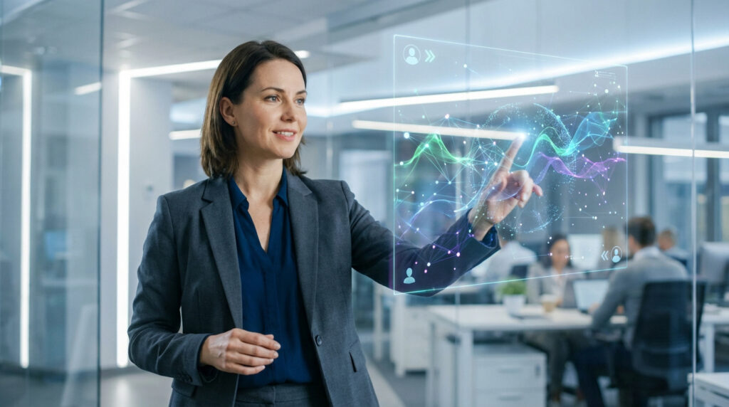 Femme d'affaires souriante interagit avec un écran holographique affichant des données réseau dans un bureau moderne.