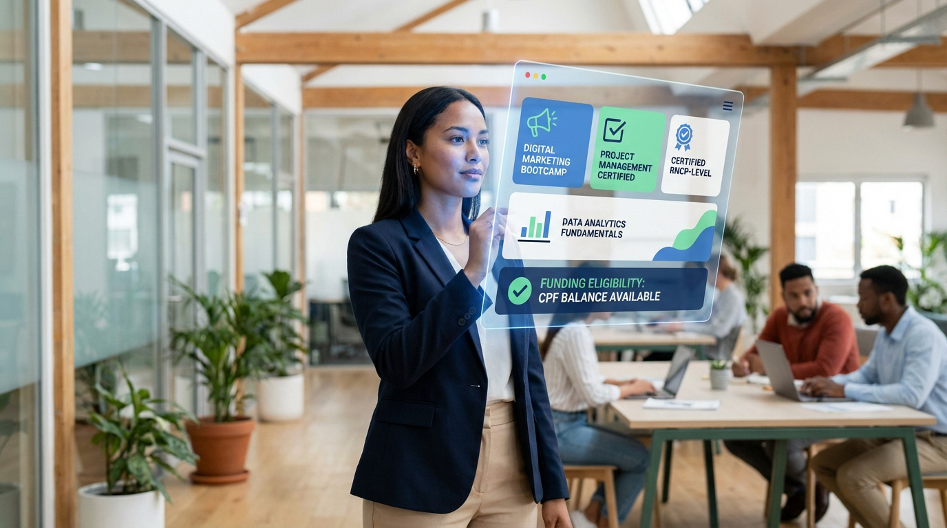 Femme utilise un écran holographique affichant des options de formation professionnelle et l'éligibilité au financement CPF.