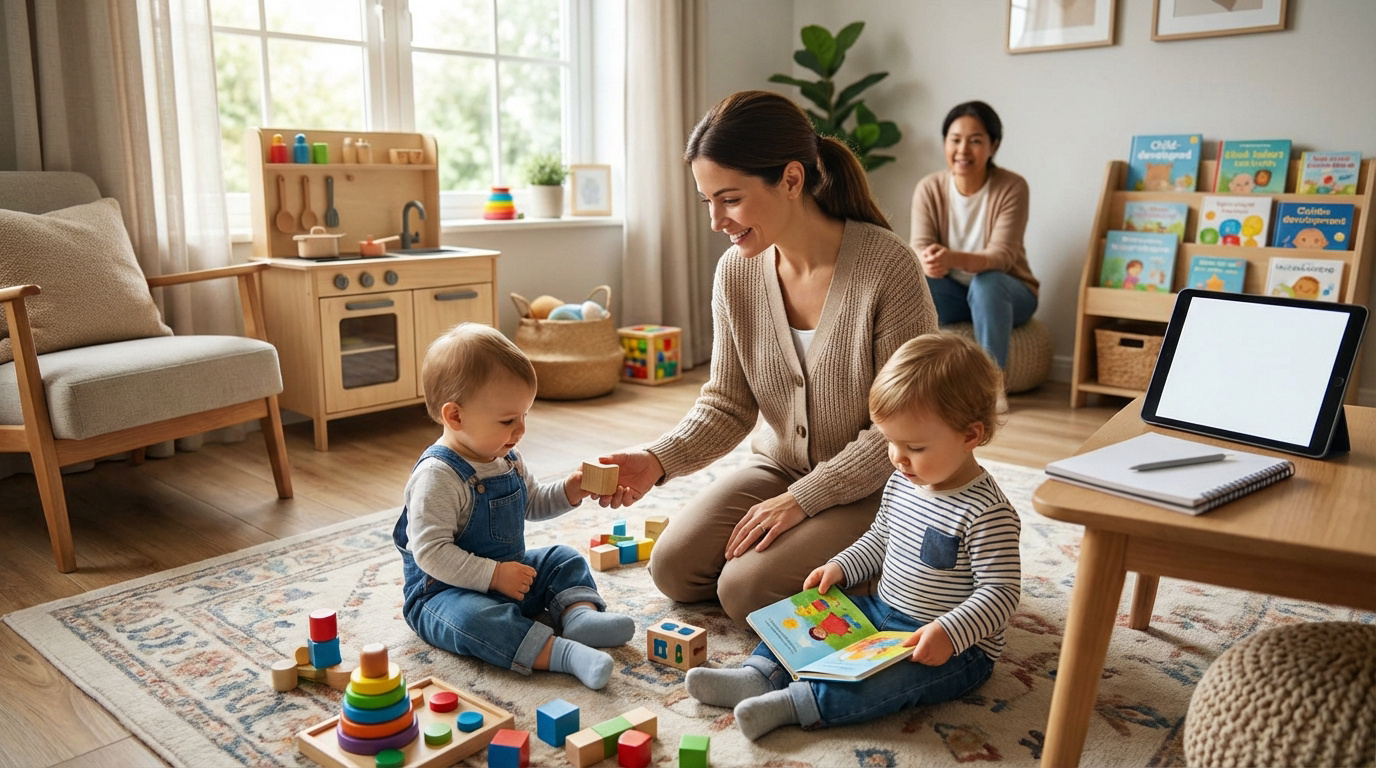 Assistante maternelle interagit avec deux jeunes enfants jouant sur un tapis. Un espace de jeux lumineux et stimulant.