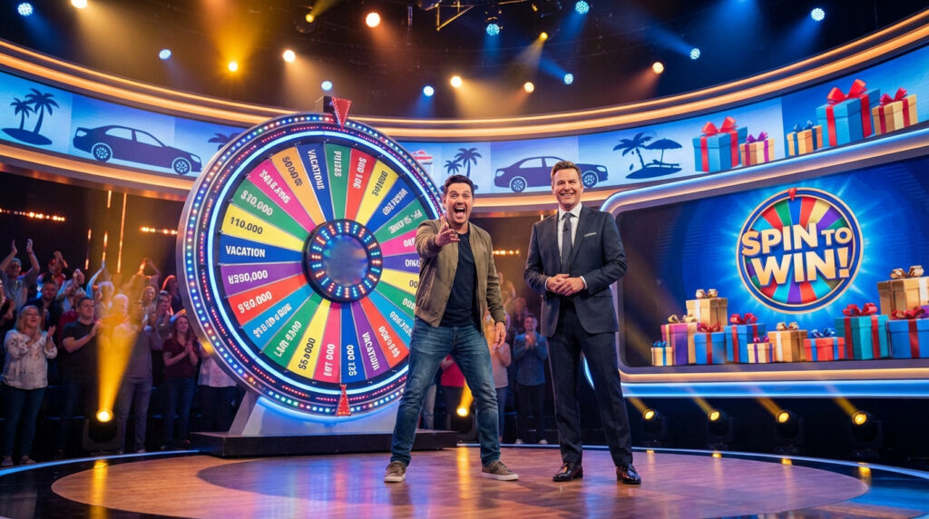 Deux animateurs souriants sur scène devant une grande roue de la fortune colorée et un public enthousiaste, avec des écrans de prix.