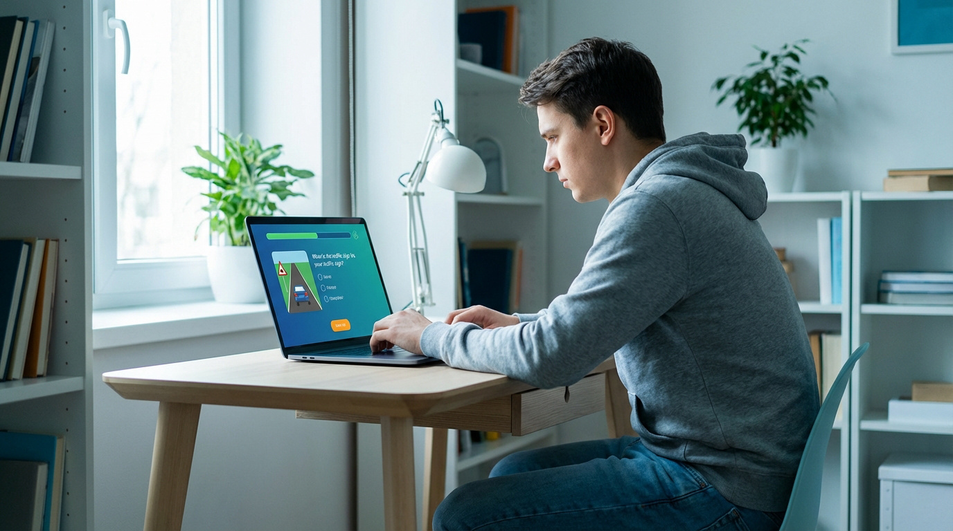 Jeune homme étudiant le code de la route via une web formation ECF sur son laptop, un quiz routier visible à l'écran.