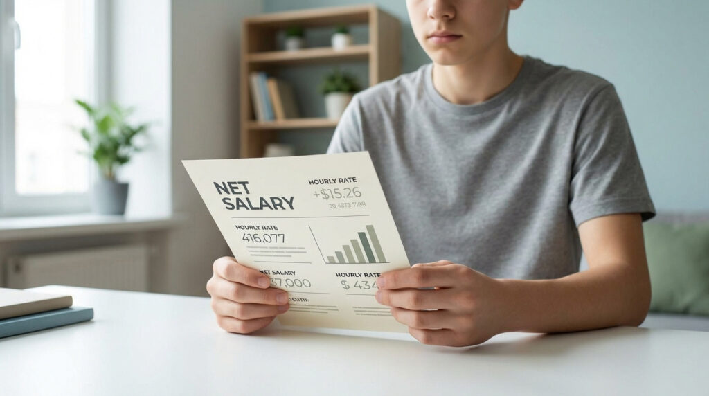 Jeune en t-shirt gris consulte une fiche de paie affichant "NET SALARY", un taux horaire et un graphique sur une table blanche.