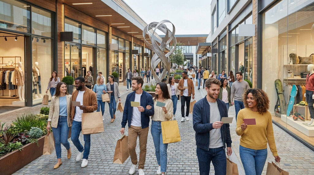 Une allée animée de centre commercial moderne avec des clients souriants portant des sacs de courses et des cartes Cadhoc, et une sculpture métallique.