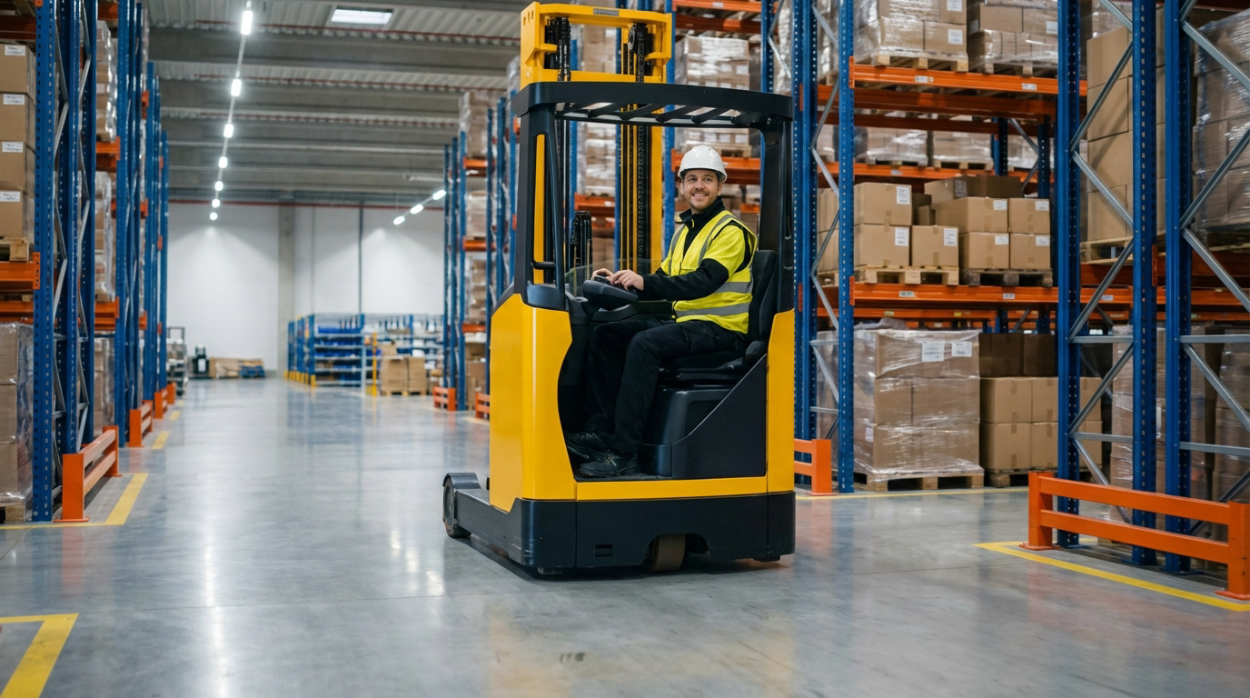 Homme souriant conduisant un chariot élévateur jaune dans un grand entrepôt avec des rayonnages remplis de cartons.