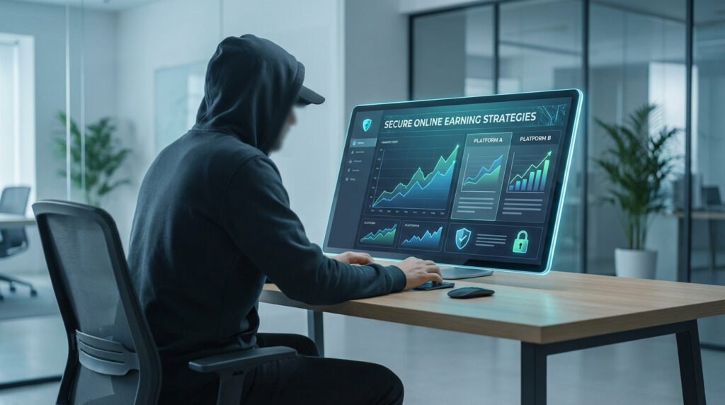 Une personne encapuchonnée consulte des stratégies de gain en ligne sécurisées sur un écran futuriste dans un bureau moderne et lumineux.