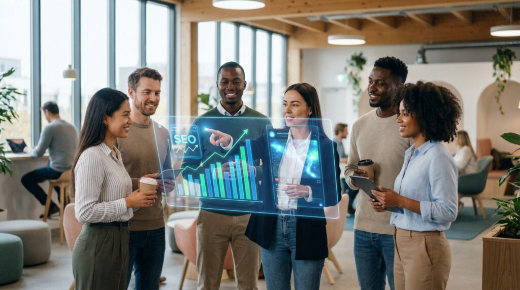 Groupe diversifié de professionnels dans un bureau moderne. Ils regardent des écrans holographiques avec graphiques SEO et posts réseaux sociaux.