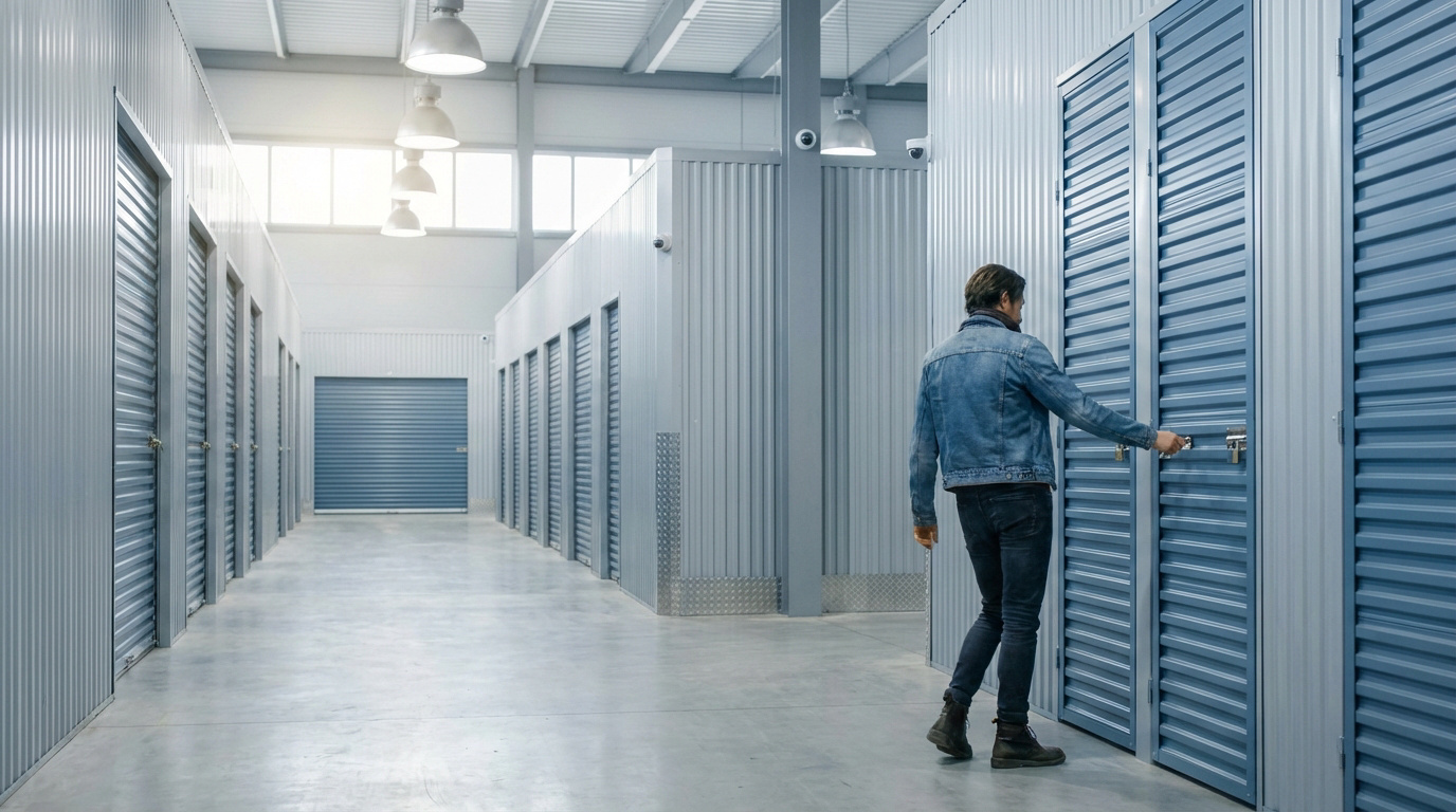 Un homme ouvre la porte d'un box de stockage bleu dans une allée lumineuse et sécurisée d'un entrepôt moderne à Lyon.