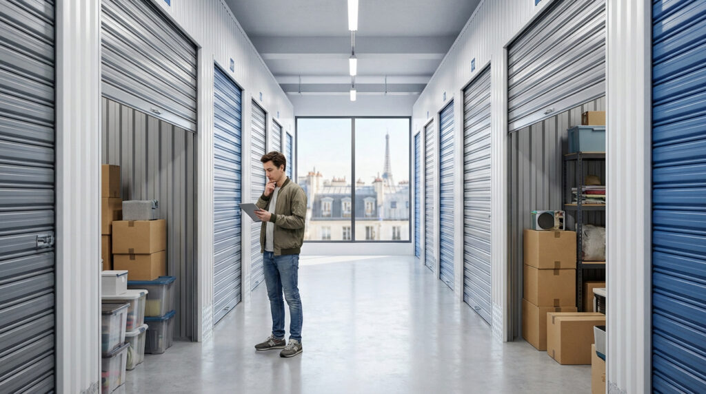 Allée de boxes de stockage modernes. Un homme consulte une tablette. Fenêtre avec vue sur les toits de Paris et la Tour Eiffel.