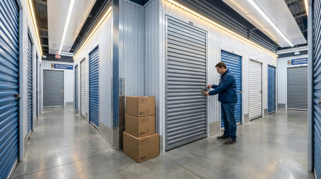 Un homme déverrouille un box de stockage gris dans un couloir moderne de garde-meuble, avec des cartons et d'autres boxes.
