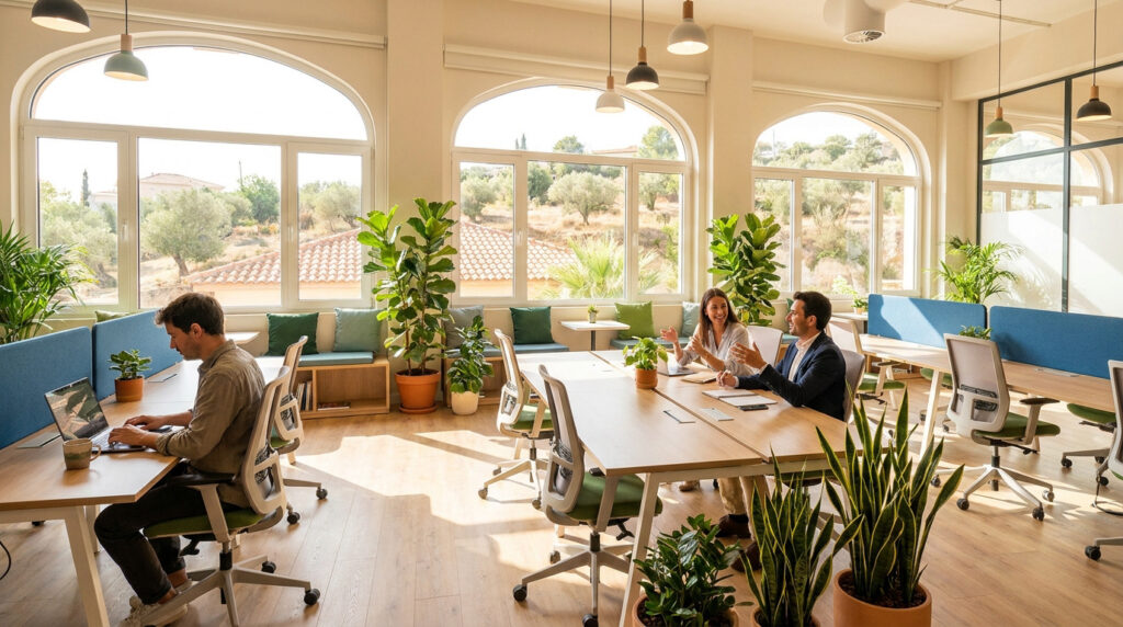 Professionnels travaillant dans un espace de coworking lumineux et moderne avec de grandes fenêtres et des plantes vertes.