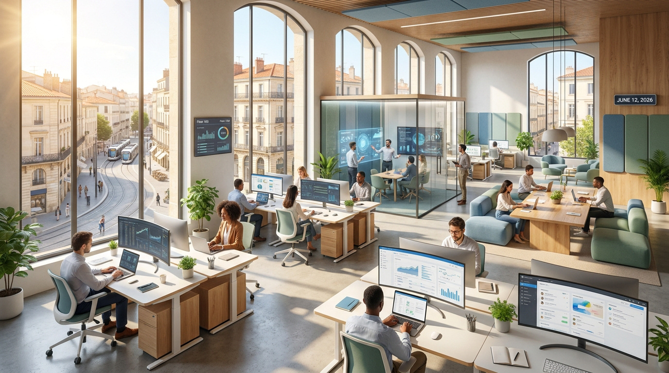 Espace de coworking lumineux et moderne avec des professionnels travaillant face à une rue de Montpellier.