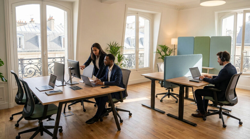 Professionnels travaillant dans un espace de coworking lumineux et moderne avec vue sur Paris.