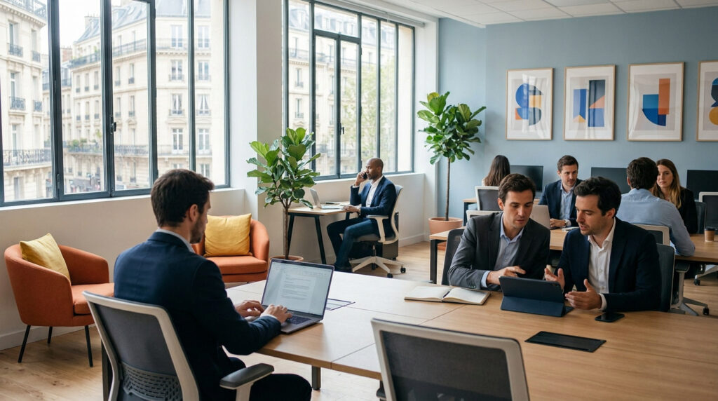 Professionnels travaillant dans un espace de coworking lumineux avec vue sur Paris.