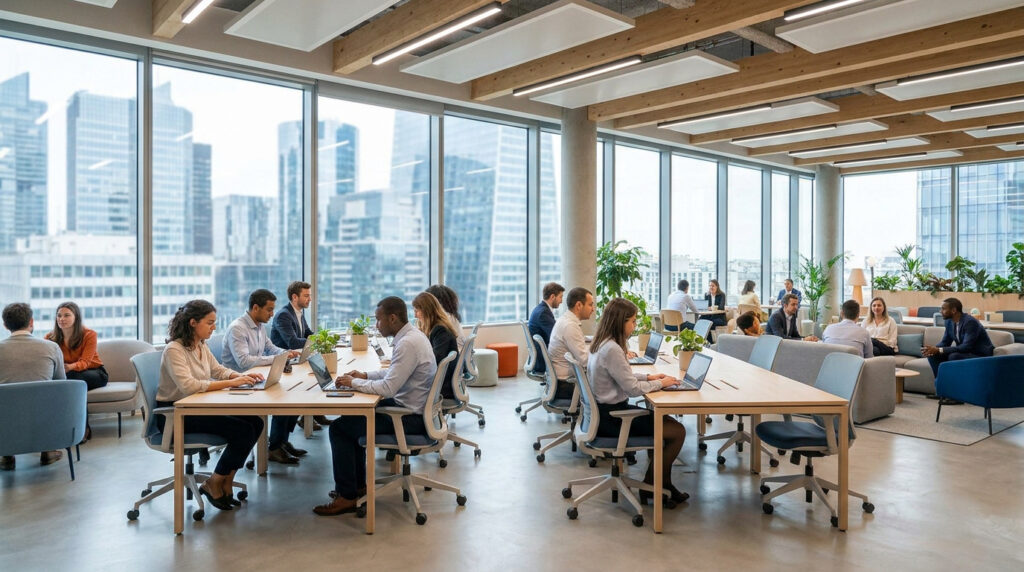 Espace de coworking lumineux avec vue sur les gratte-ciels de La Défense et des professionnels travaillant sur ordinateurs.
