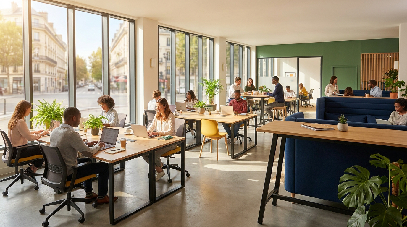 Espace de travail partagé moderne et lumineux avec des employés travaillant sur des ordinateurs portables.