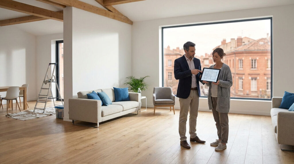 Un courtier en travaux montre un plan de rénovation sur tablette à une cliente dans un salon moderne à Toulouse.