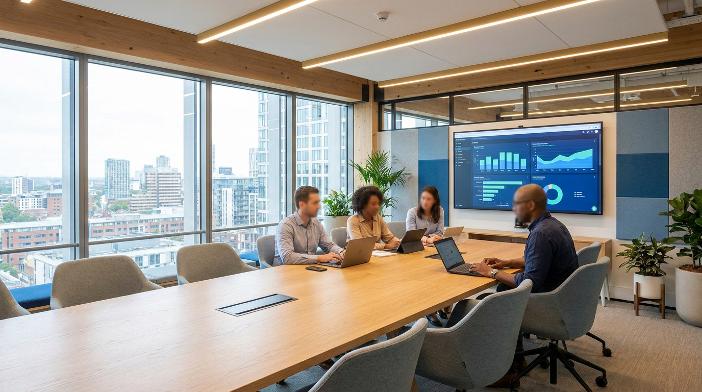 Quatre professionnels travaillant sur des ordinateurs portables dans une salle de réunion avec vue sur la ville.