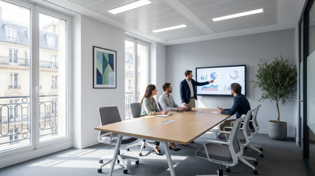 Une équipe professionnelle en réunion devant un écran présentant des graphiques dans un bureau lumineux à Paris.