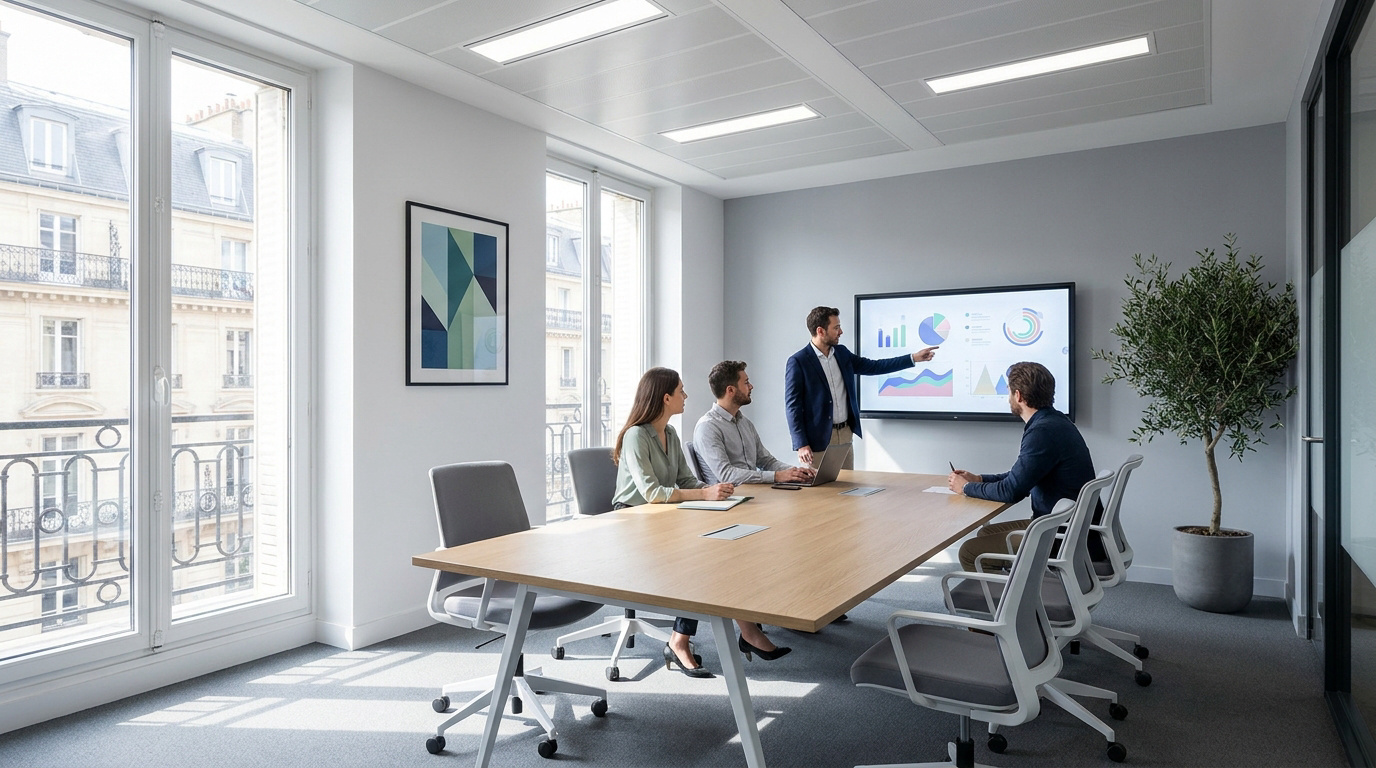 Une équipe professionnelle en réunion devant un écran présentant des graphiques dans un bureau lumineux à Paris.