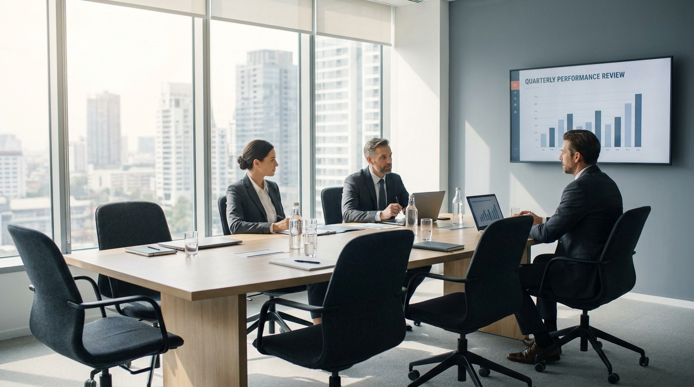 Trois professionnels en costume travaillent autour d'une table dans une salle de réunion lumineuse avec vue sur la ville.