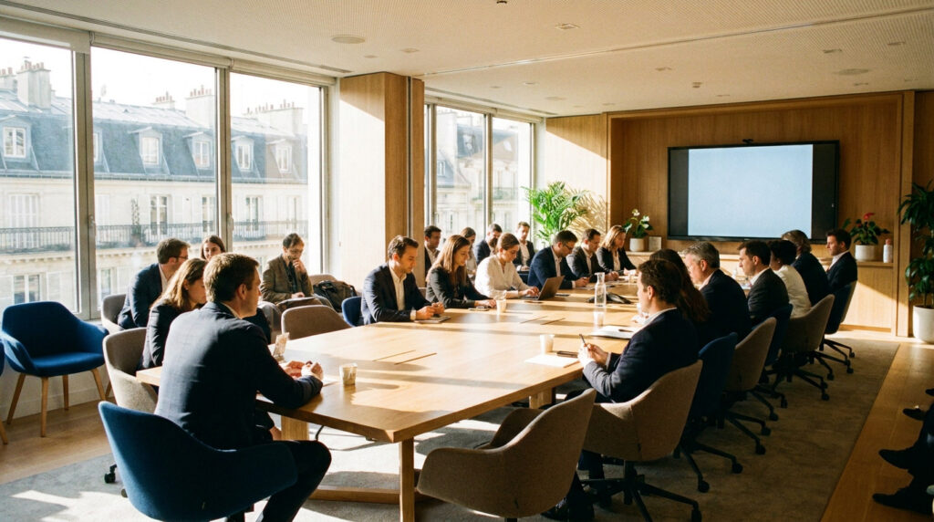 Groupe de professionnels en réunion autour d'une grande table en bois dans un bureau lumineux avec vue sur Paris.